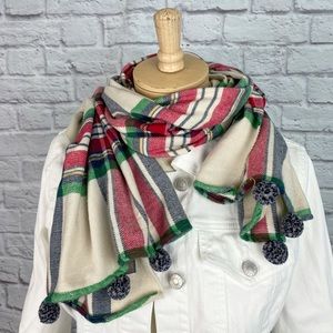 Louisa Perini Cream Plaid Pom Pom Wrap Scarf